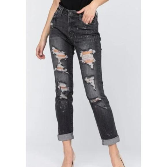 Judy Blue Destroyed Bleach Splatter Boyfriend Fit Black Jean Size 5 / 27 Womens - Picture 1 of 9